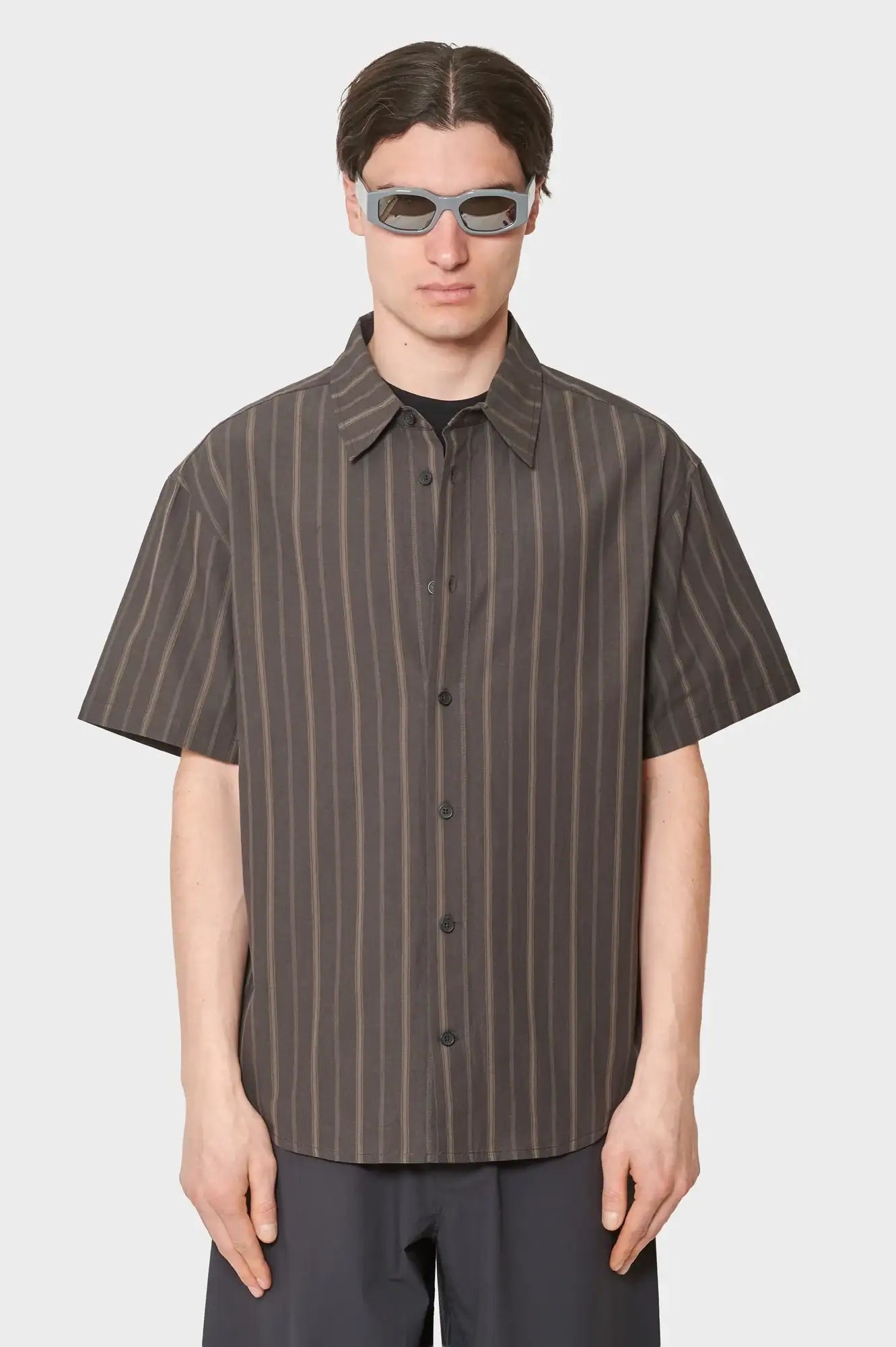 meskie#@Koszula WASHED STRIPE SHORT SLEEVE SHIRT ciemno-brążowa