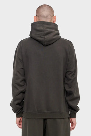 Ciemnoszara bluza z kapturem, luźny krój, widok z tyłu, moda streetwear męska