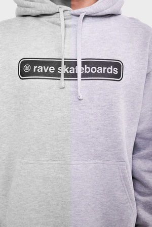 Szara bluza z kapturem, nadruk rave skateboards na piersi, modna odzież streetwear
