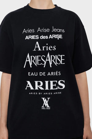 Czarna koszulka z białymi napisami Aries Arise, unisex, nadruk tekstowy, moda uliczna