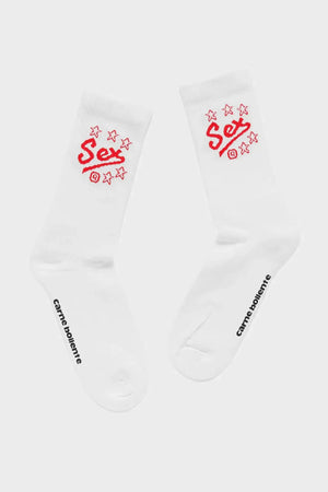 Białe skarpetki Carne Bollente z czerwonym napisem i gwiazdkami, modny design streetwear