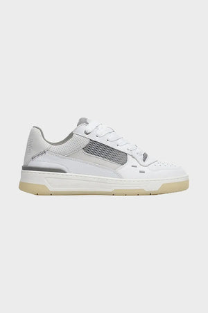 Białe sneakersy męskie z siateczką, skórzane, na beżowej podeszwie
