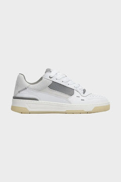 Białe sneakersy męskie z siateczką, skórzane, na beżowej podeszwie