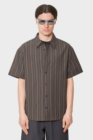 meskie#@Koszula WASHED STRIPE SHORT SLEEVE SHIRT ciemno-brążowa