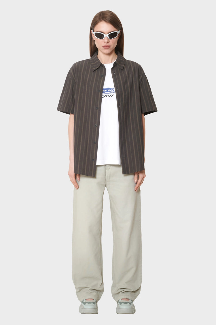 damskie#@Koszula WASHED STRIPE SHORT SLEEVE SHIRT ciemno-brążowa