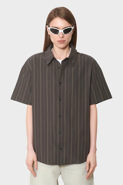 Koszula WASHED STRIPE SHORT SLEEVE SHIRT ciemno-brążowa
