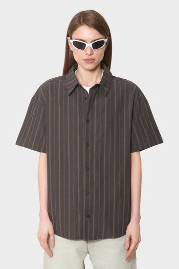 damskie#@Koszula WASHED STRIPE SHORT SLEEVE SHIRT ciemno-brążowa