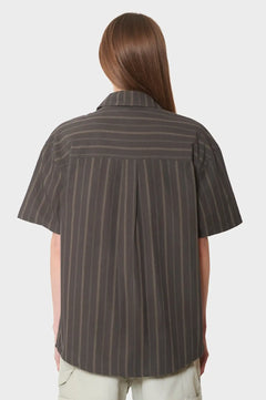Koszula WASHED STRIPE SHORT SLEEVE SHIRT ciemno-brążowa