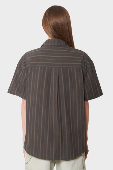 damskie#@Koszula WASHED STRIPE SHORT SLEEVE SHIRT ciemno-brążowa
