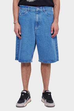 Męskie szerokie szorty jeansowe, klasyczny niebieski denim, styl streetwear