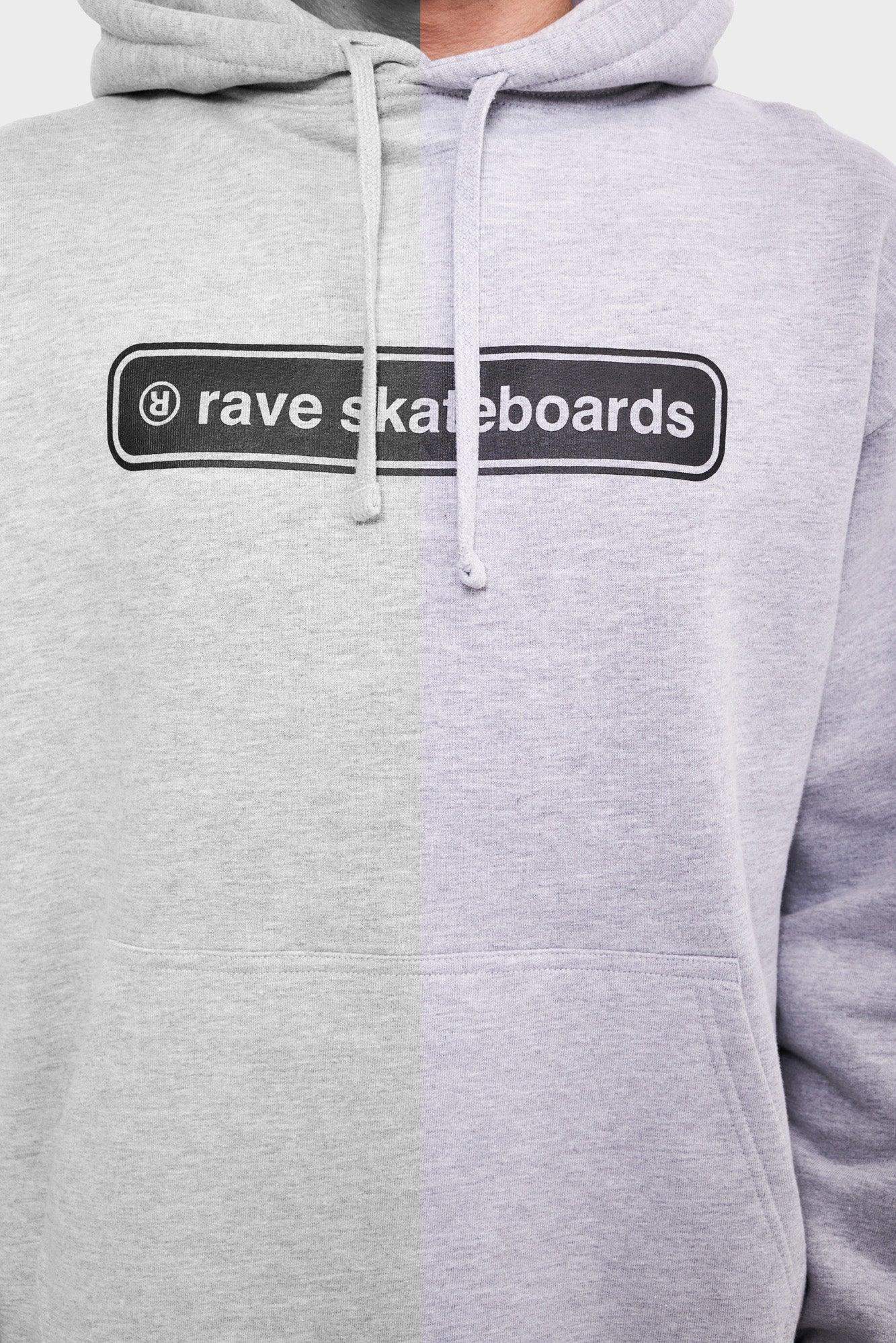 Szara bluza z kapturem, nadruk rave skateboards na piersi, modna odzież streetwear