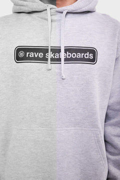 Szara bluza z kapturem, nadruk rave skateboards na piersi, modna odzież streetwear