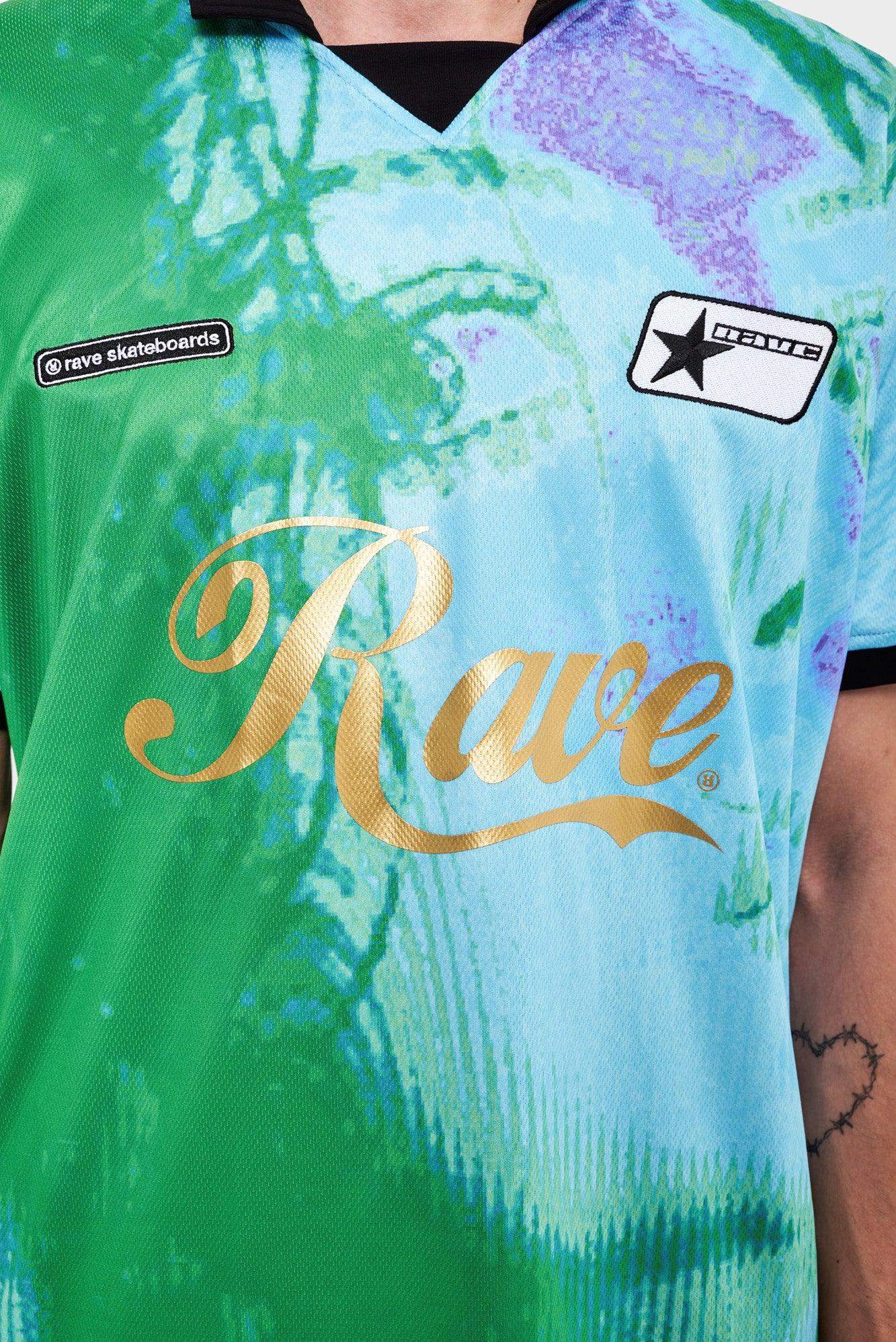 Koszulka Rave Skateboards, kolorowa, z nadrukiem i złotym logo na piersi, moda streetwear