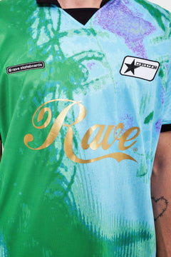 Koszulka Rave Skateboards, kolorowa, z nadrukiem i złotym logo na piersi, moda streetwear