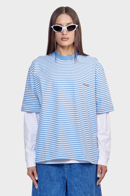 damskie#@Koszulka OVER T-SHIRT niebiesko-biała