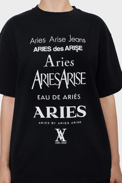 Czarna koszulka z białymi napisami Aries Arise, unisex, nadruk tekstowy, moda uliczna
