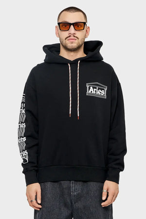 Czarna bluza z kapturem Aries, białe logo i wzór na rękawie, moda streetwear męska