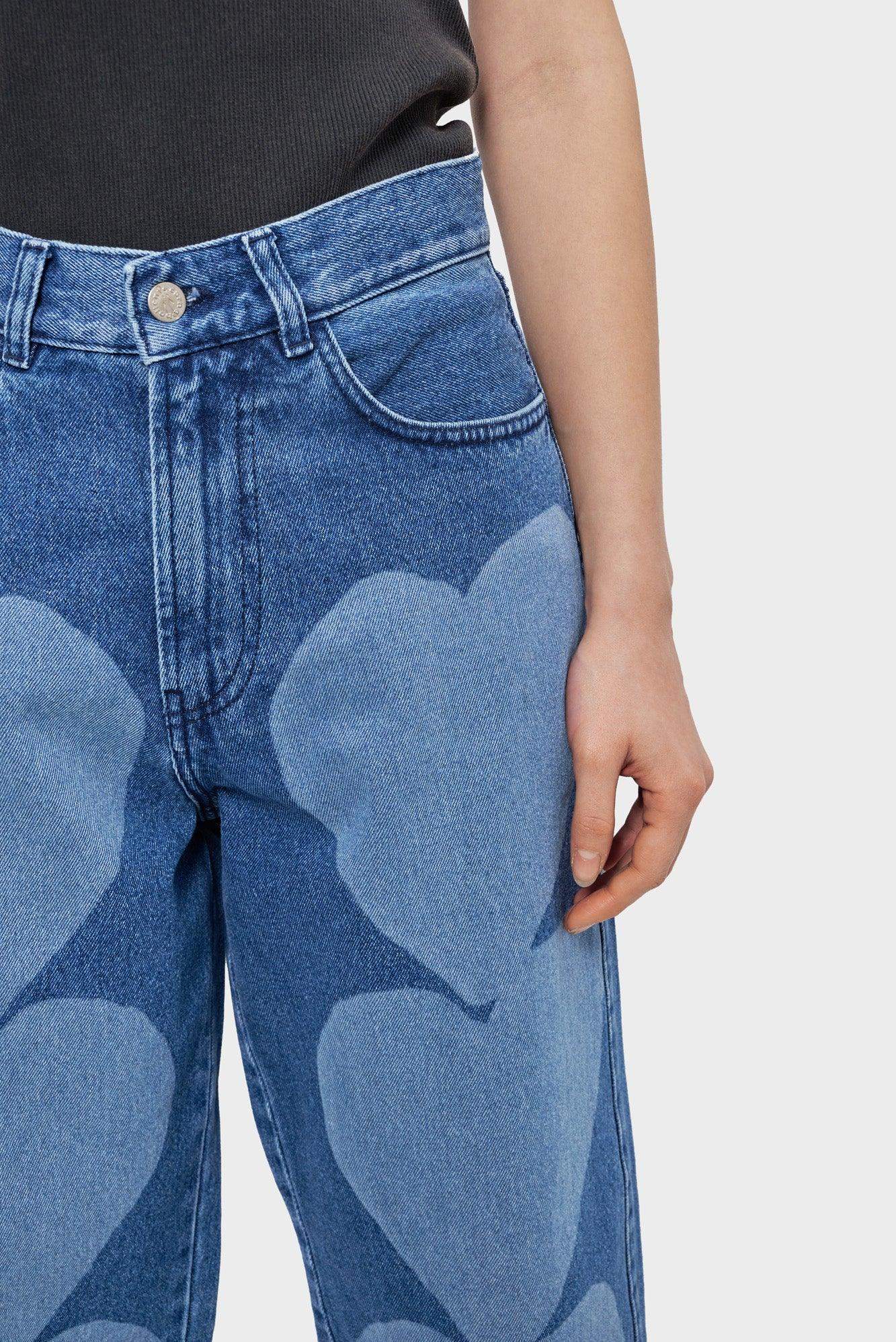Jeansy damskie z wysokim stanem i wzorem serc, denim, moda streetwear
