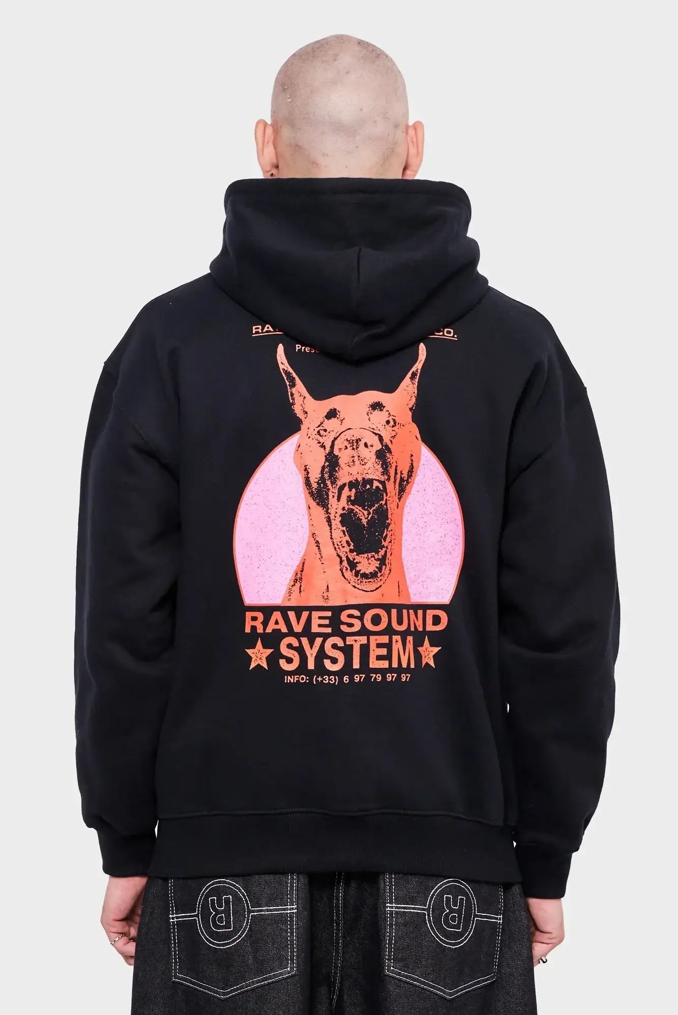 Czarna bluza z kapturem, grafika psa i napis RAVE SOUND SYSTEM na plecach, moda streetwear
