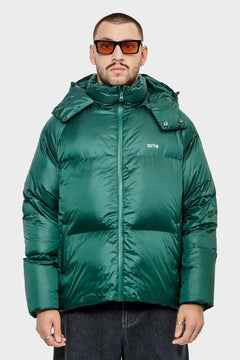Zielona kurtka puchowa arte z kapturem, męska moda streetwear, jesień zima