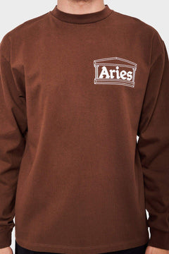 Brązowa bluza męska z długim rękawem, logo Aries z przodu, odzież streetwear.