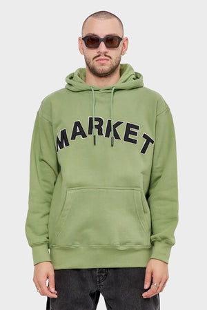 Mężczyzna w zielonej bluzie z kapturem MARKET, czarne okulary, minimalistyczna stylizacja streetwear