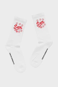 Białe skarpetki Carne Bollente z czerwonym napisem i gwiazdkami, modny design streetwear