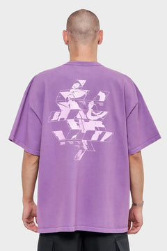 fioletowa koszulka oversize z graficznym nadrukiem na plecach, moda męska streetwear