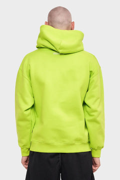Męska bluza z kapturem w kolorze neonowej limonki, widok od tyłu, minimalistyczny design