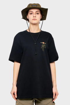 Osoba w czarnym t-shircie RIOTDIVISION z nadrukiem i oliwkowym kapeluszu, styl streetwear