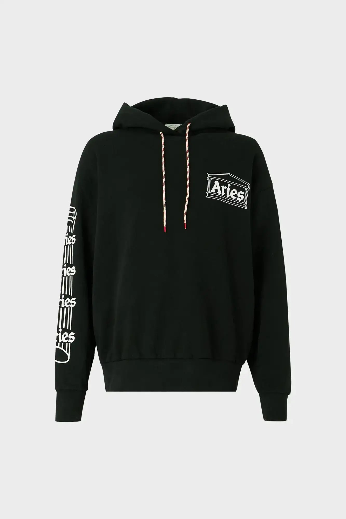 czarna bluza z kapturem, logo Aries z przodu i nadruki na rękawie, odzież streetwear