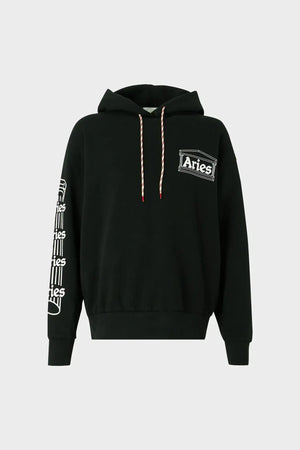 czarna bluza z kapturem, logo Aries z przodu i nadruki na rękawie, odzież streetwear