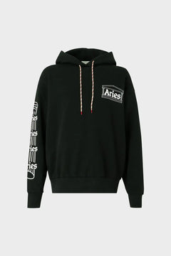 czarna bluza z kapturem, logo Aries z przodu i nadruki na rękawie, odzież streetwear