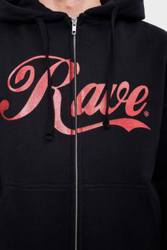 Czarna bluza z kapturem, napis Rave czerwony, suwak, streetwear męski