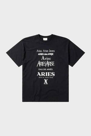 Czarna koszulka streetwear z białym nadrukiem Aries, krój unisex, modna grafika na przodzie.