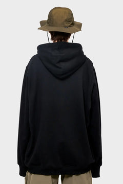 Osoba w czarnej bluzie z kapturem i oliwkowym kapeluszu, widok od tyłu, moda streetwear