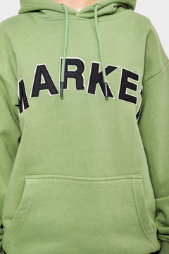 Zielona bluza z kapturem, czarny napis MARKERZ, kieszeń kangurka, oversize streetwear