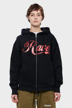 Czarna bluza z kapturem, czerwony napis Rave, model unisex, styl streetwear