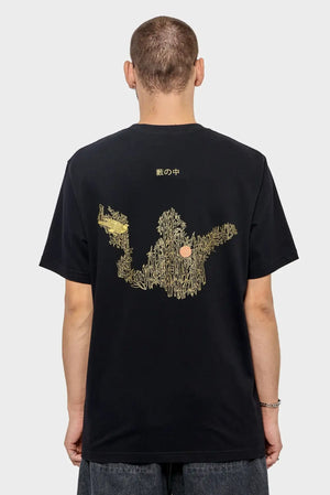 Czarna koszulka męska z nadrukiem z tyłu, motyw bambusa i japońskie znaki, streetwear