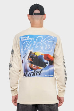Koszulka longsleeve beżowa z nadrukiem wyścigowym Market Speedways na plecach, streetwear męski